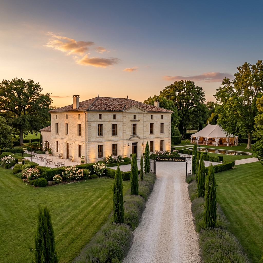 Façade du Domaine des Capucines au coucher du soleil
