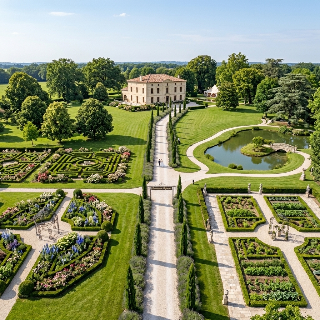 Vue aérienne des jardins à la française du Domaine des Capucines
