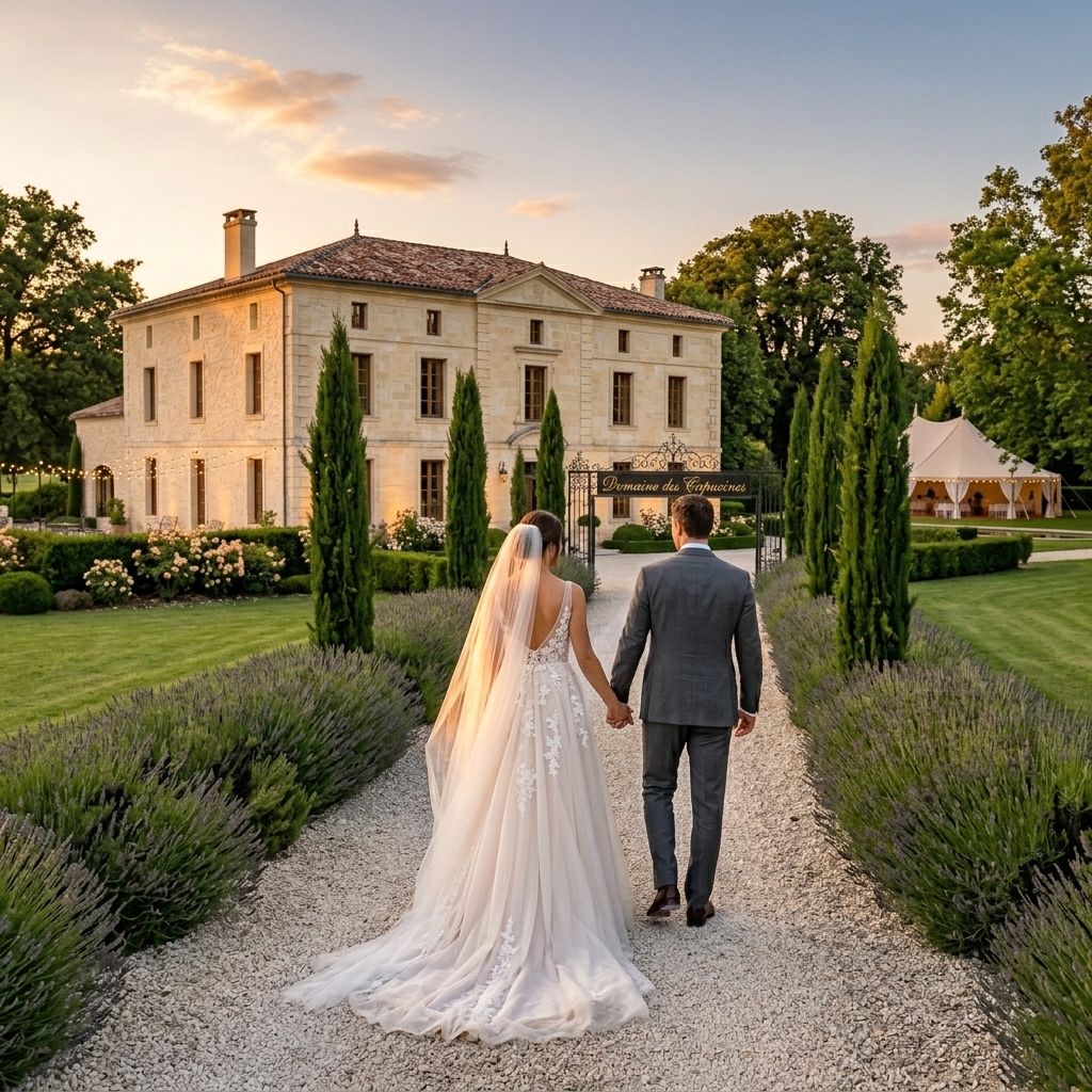 Couple de mariés dans l'allée du domaine