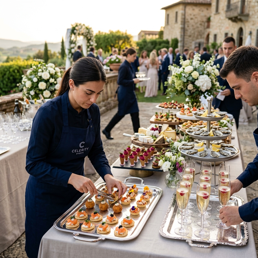 Équipe traiteur préparant le cocktail