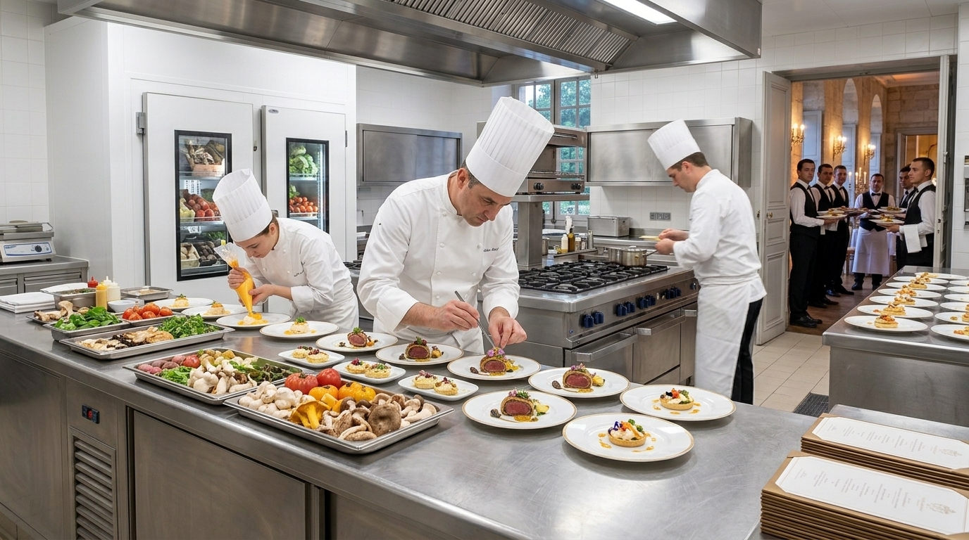 Chefs dressant les assiettes