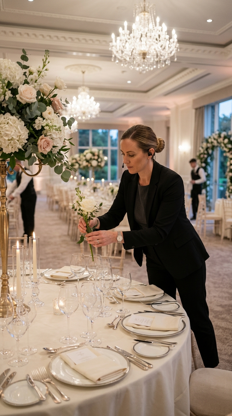Coordinatrice dressant une table de réception