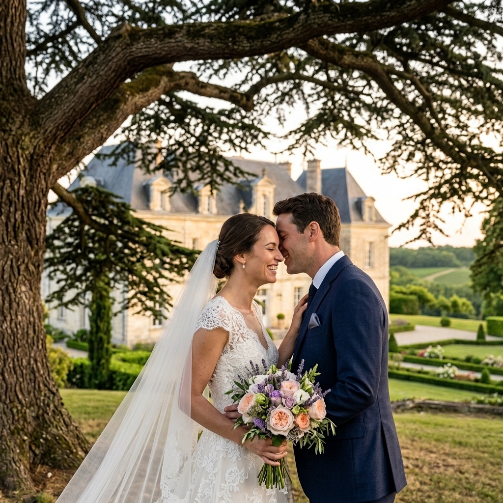 Les mariés devant le château