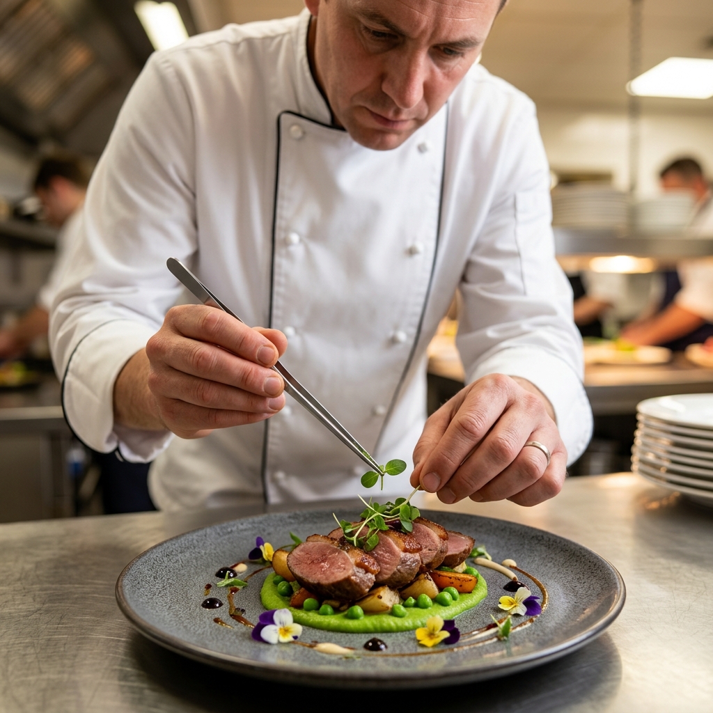 Chef dressant une assiette à la pince