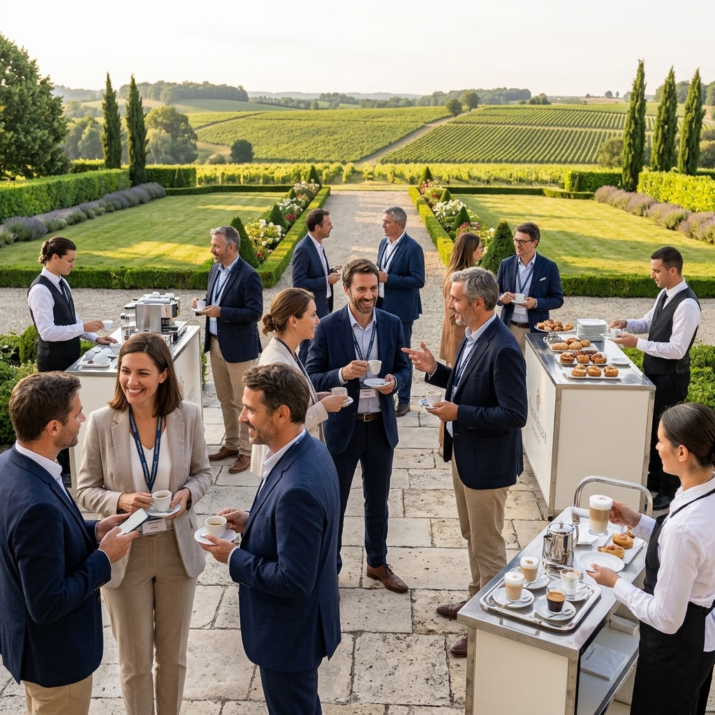 Pause-café d'entreprise sur la terrasse face aux vignes