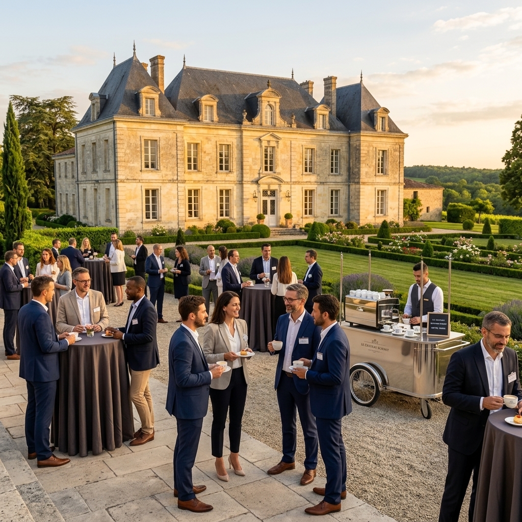 Cocktail et networking d'entreprise devant le château